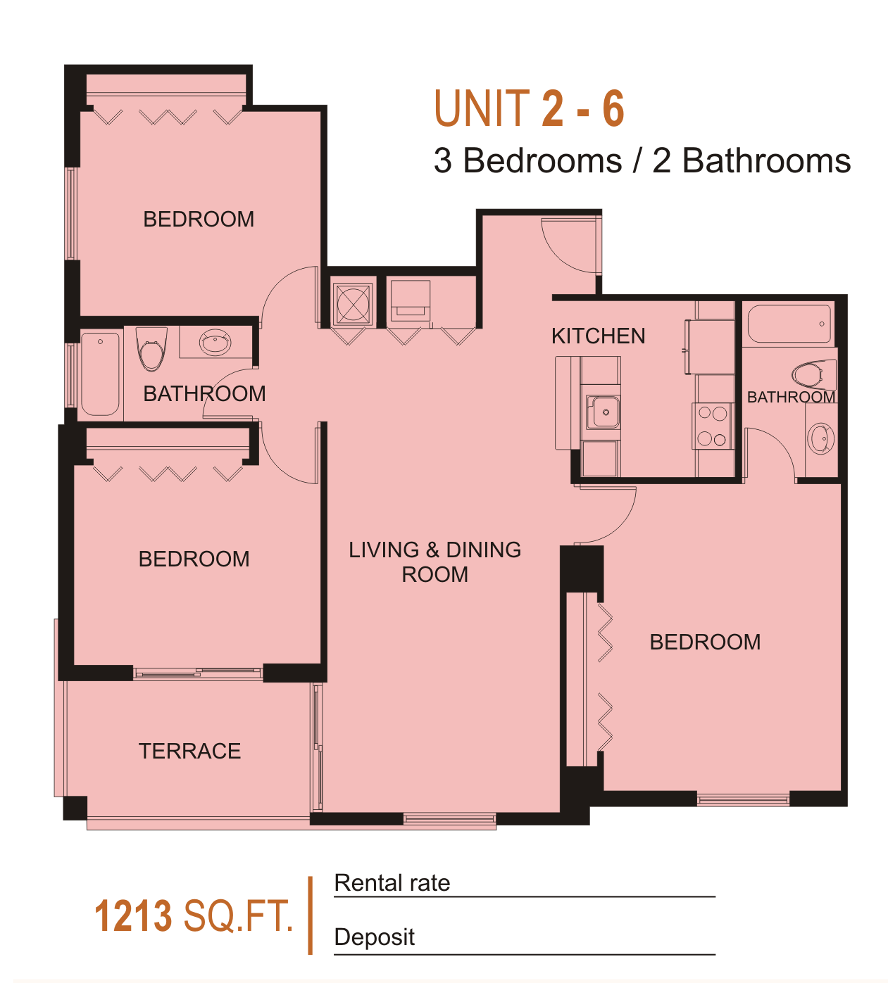 Units 2 and 6 — 3 bed / 2 bath, 1,213 SF