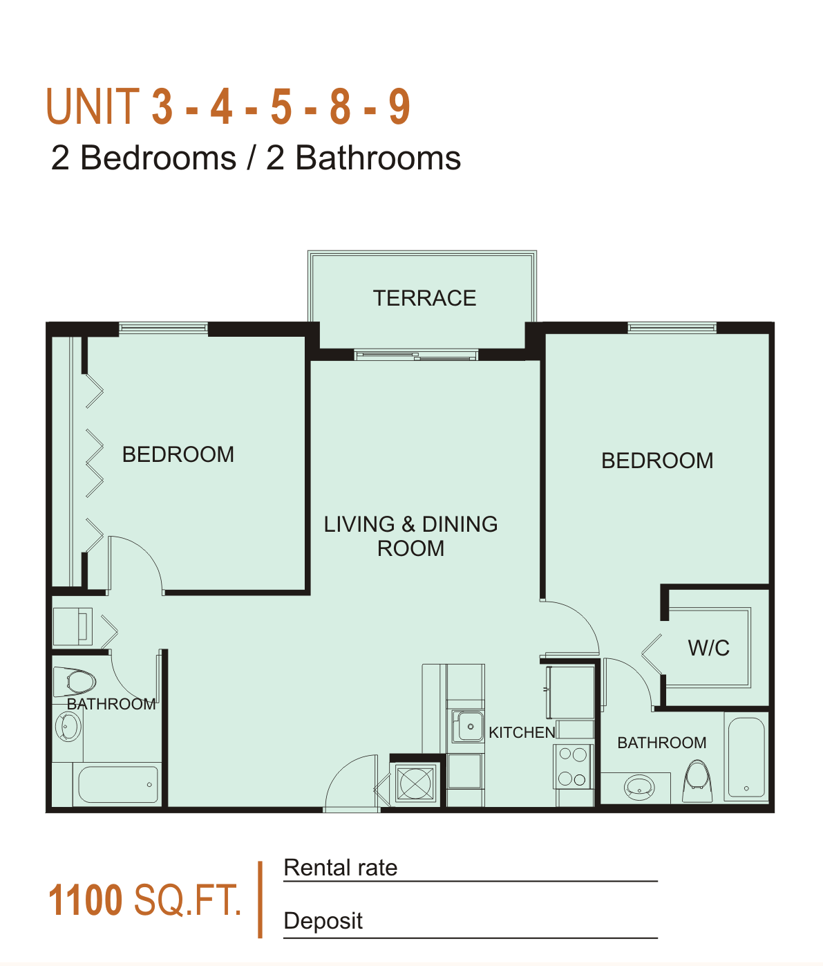 Units 3, 4, 5, 8, and 9 — 2 bed / 2 bath, 1,100 SF