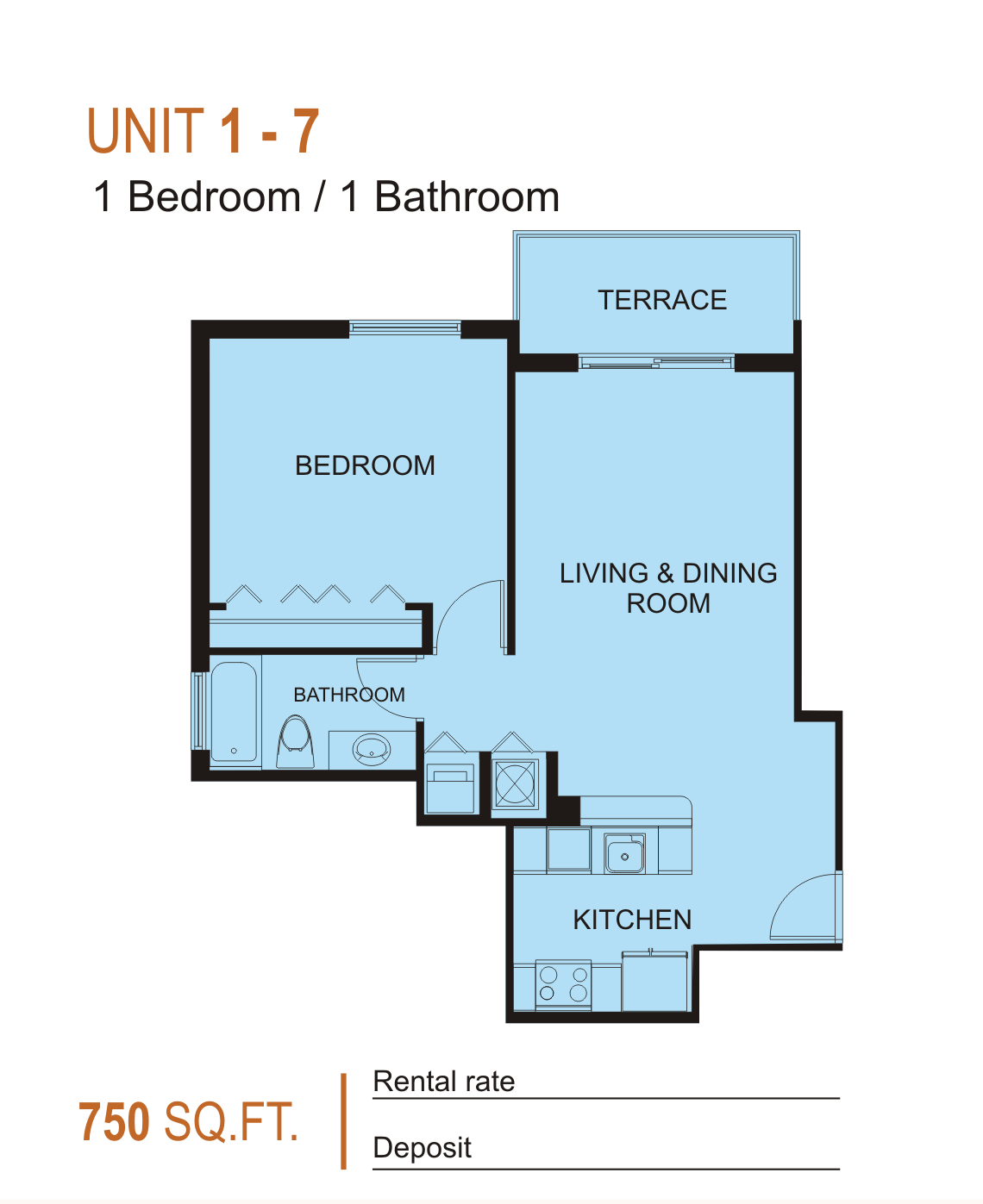 Units 1 and 7 — 1 bed / 1 bath, 750 SF